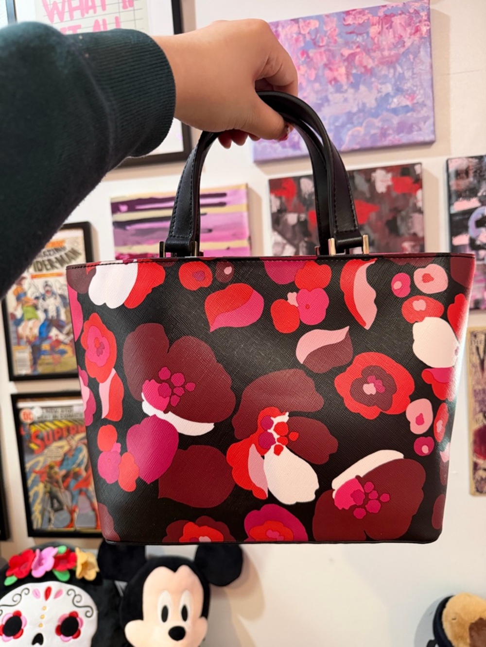 kate spade Floral Print Leather Tote in Black, Red, Pink, White - Picture 2 of 4